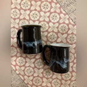 Handmade pottery Mugs - Black with Blue Drip Glaze (Set of 2)